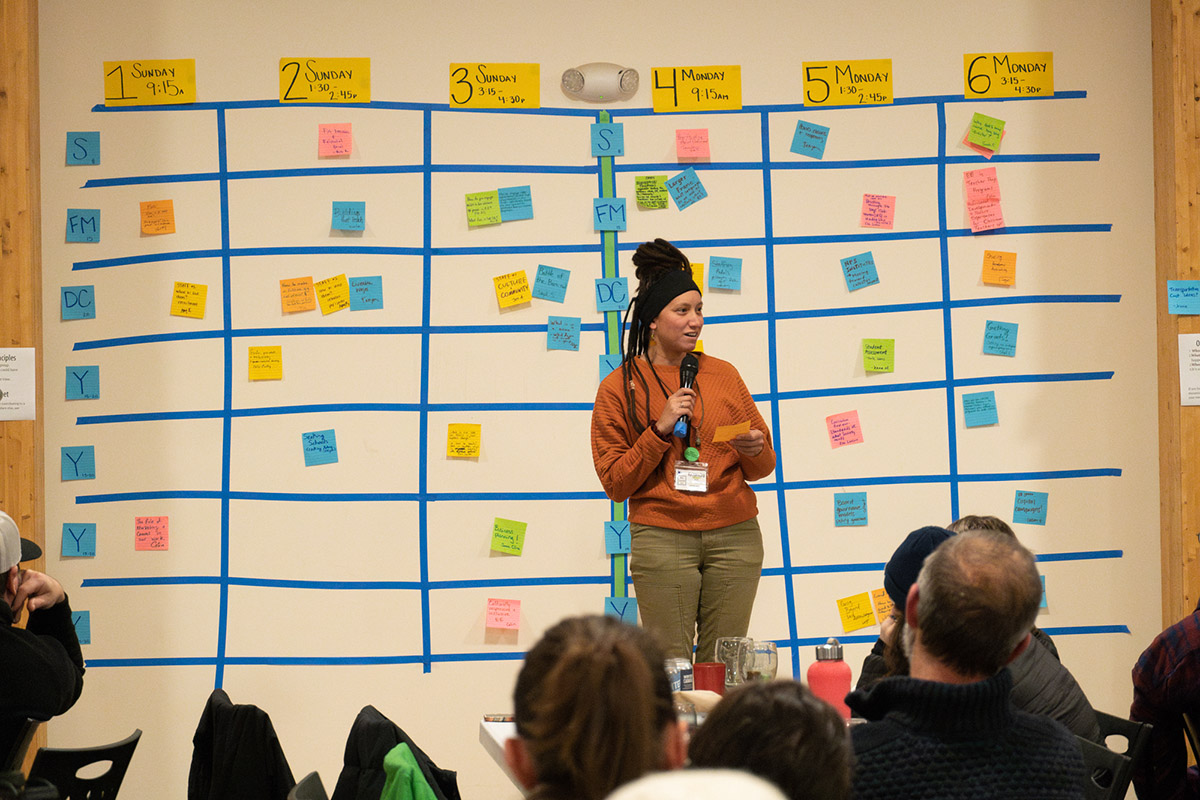 A person stands in front of a wall featuring a grid made from blue tape. Sticky notes of various colors adorn the grid.