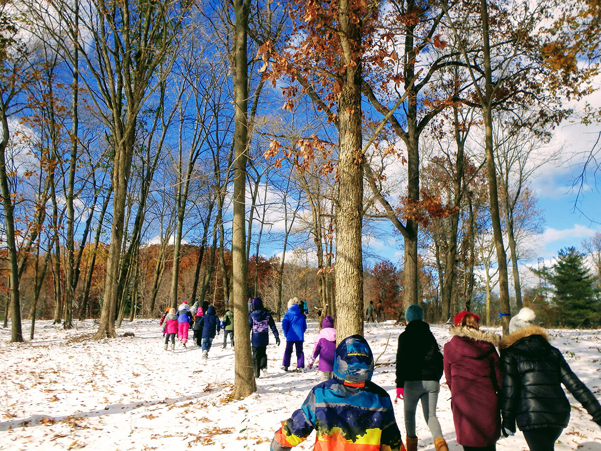 A group of students walks into a snowy forested landscape.