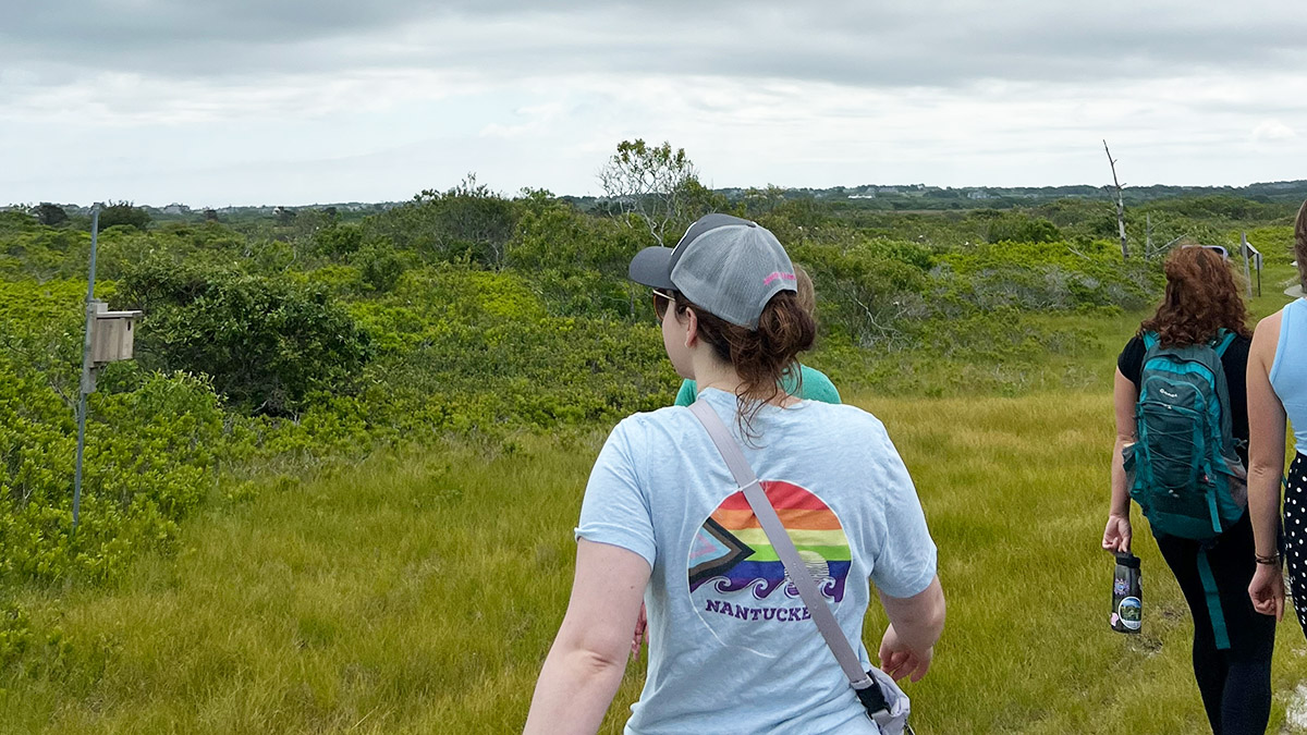 A person in a grey t-shirt walks behind a group of people in an open nature area.