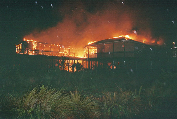 The fire at the Environmental Learning Center on the night of June 30th, 2008. Photo provided by Holly Dill.