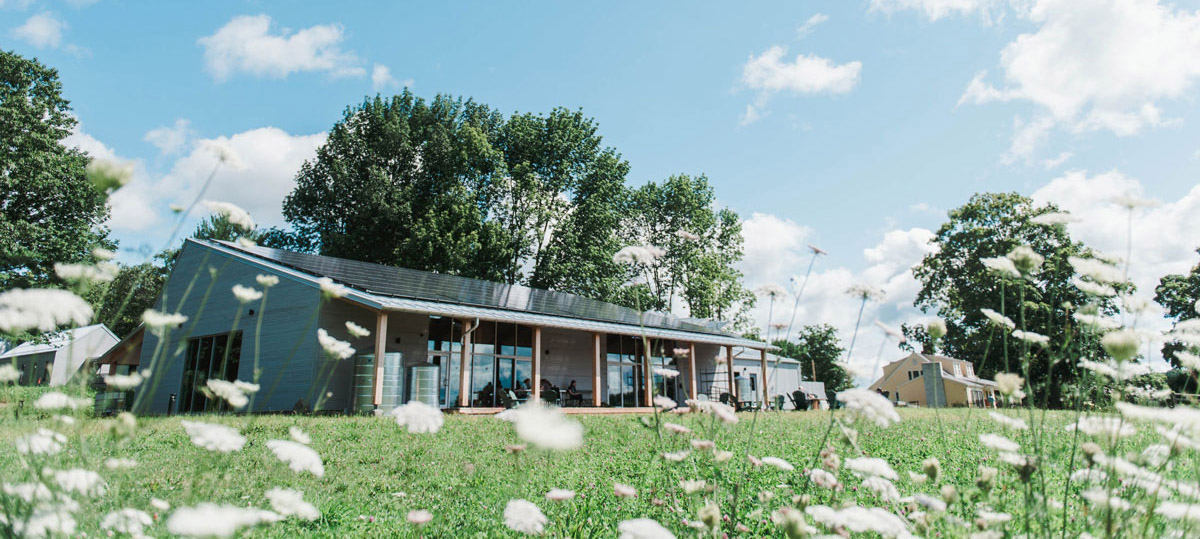 An outside view of the new Poland Springs Education and Dining Commons at The Ecology School.