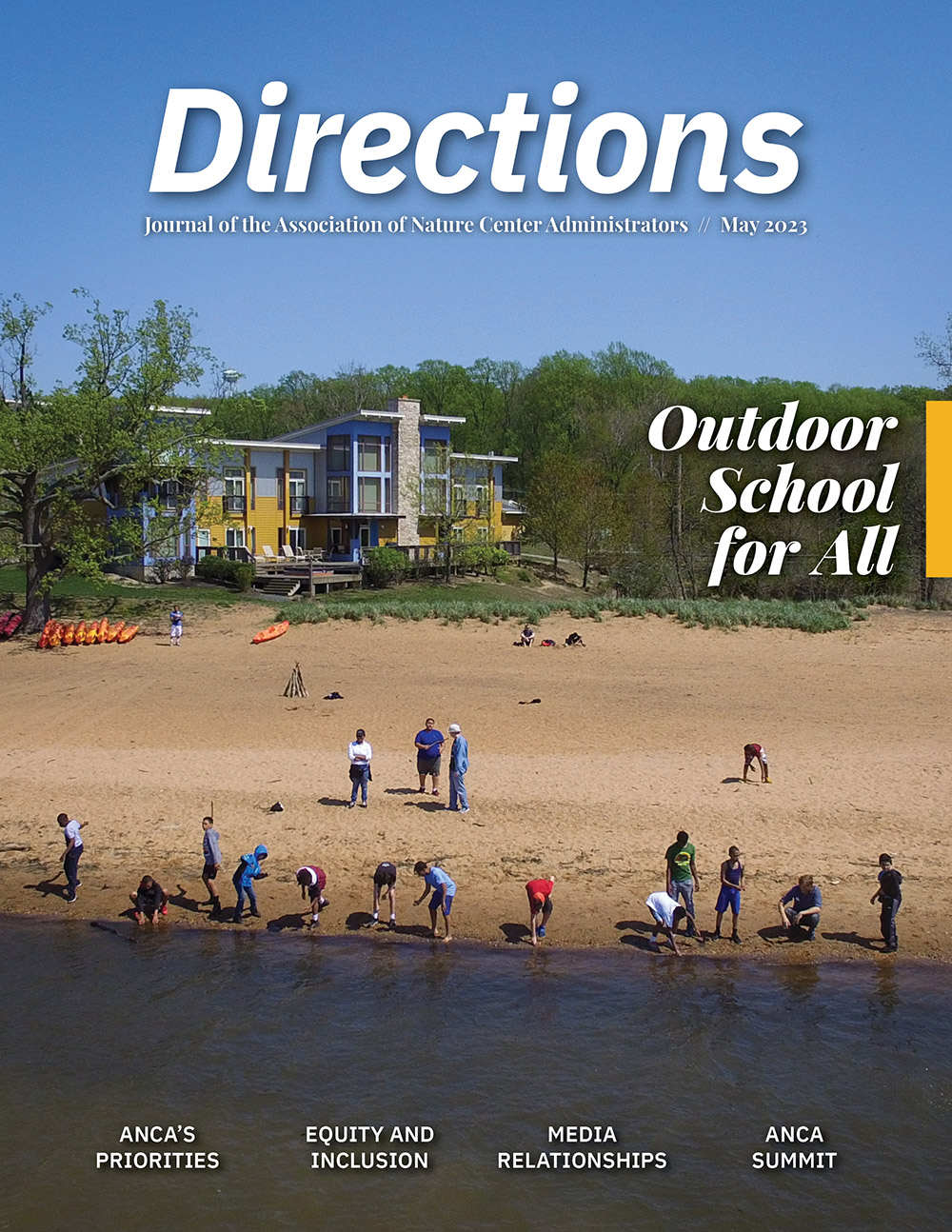 A magazine cover with "Directions" written across the top. The cover photo is an aerial view of a beach; a group of people are lined up along the water.