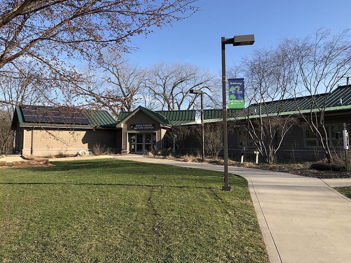 Solar panels sit atop Anita Purves Nature Center. The Center installed the panels in March 2019.