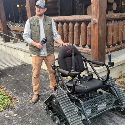Ilya Shmulenson demonstrates a Trackchair at Lime Hollow Nature Center in October 2024. Photo submitted by Baltimore Woods Nature Center.